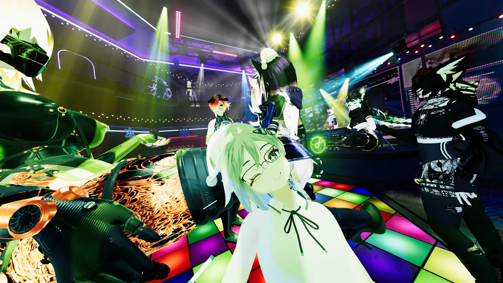 Friends together on a colorful VRChat dance floor