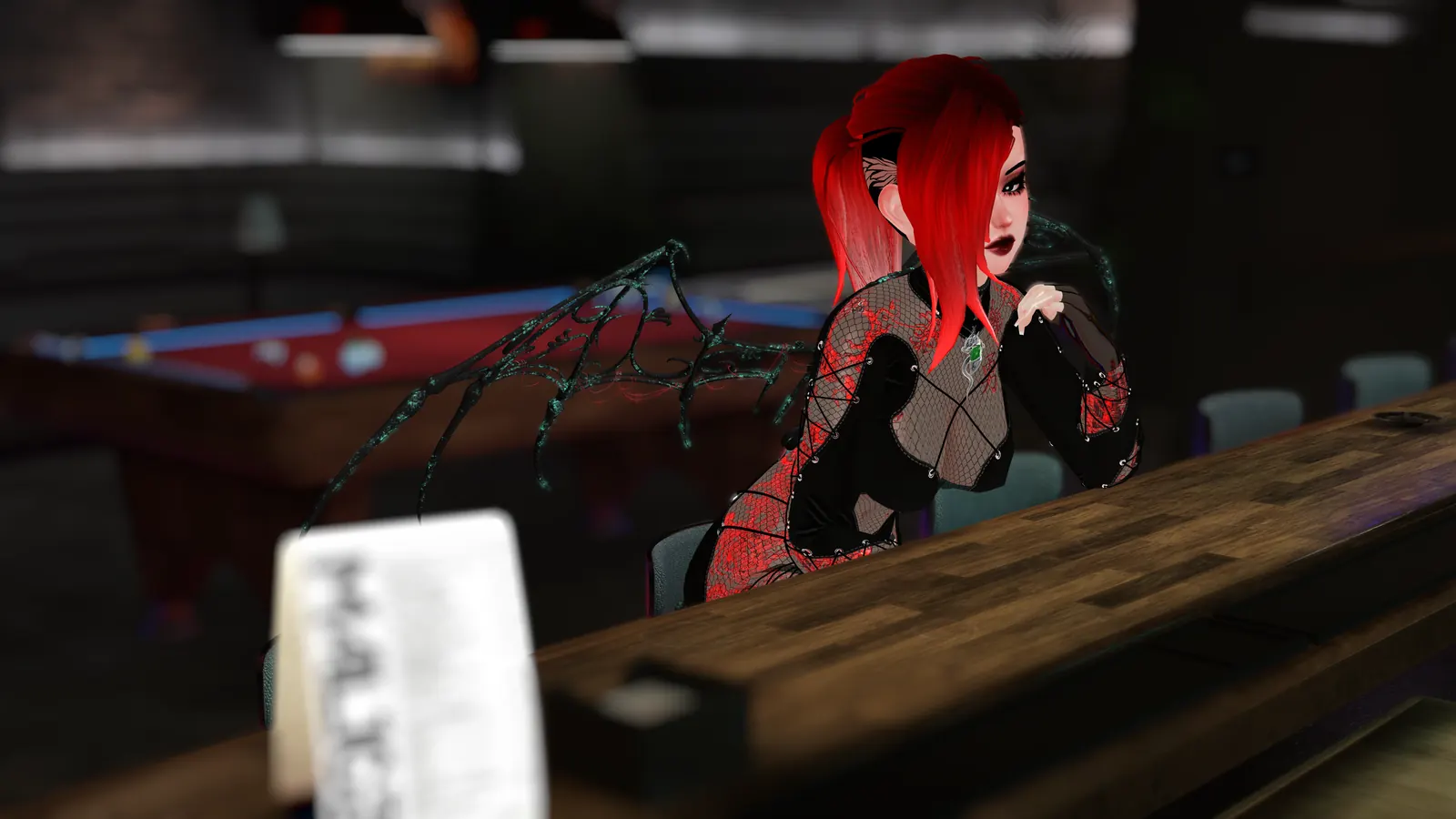 A friend sitting across the bar in a VRChat world