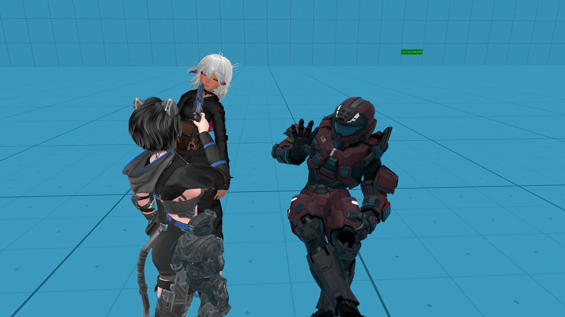 A group of VRChat friends posing together in a blue studio world