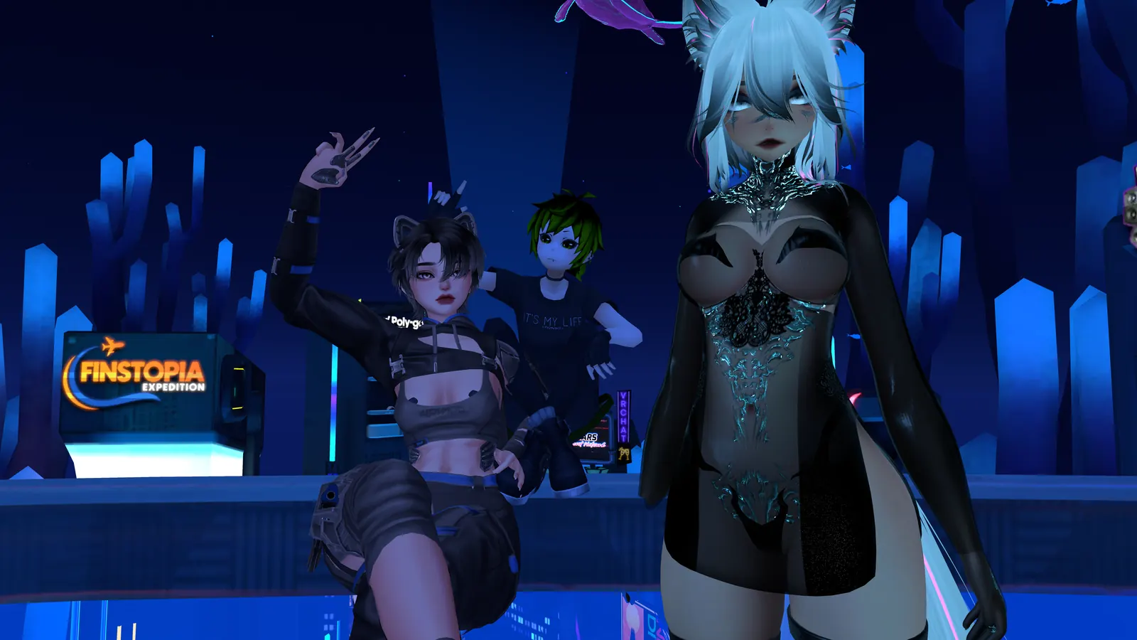 Friends posing together at a VRChat New Year's celebration