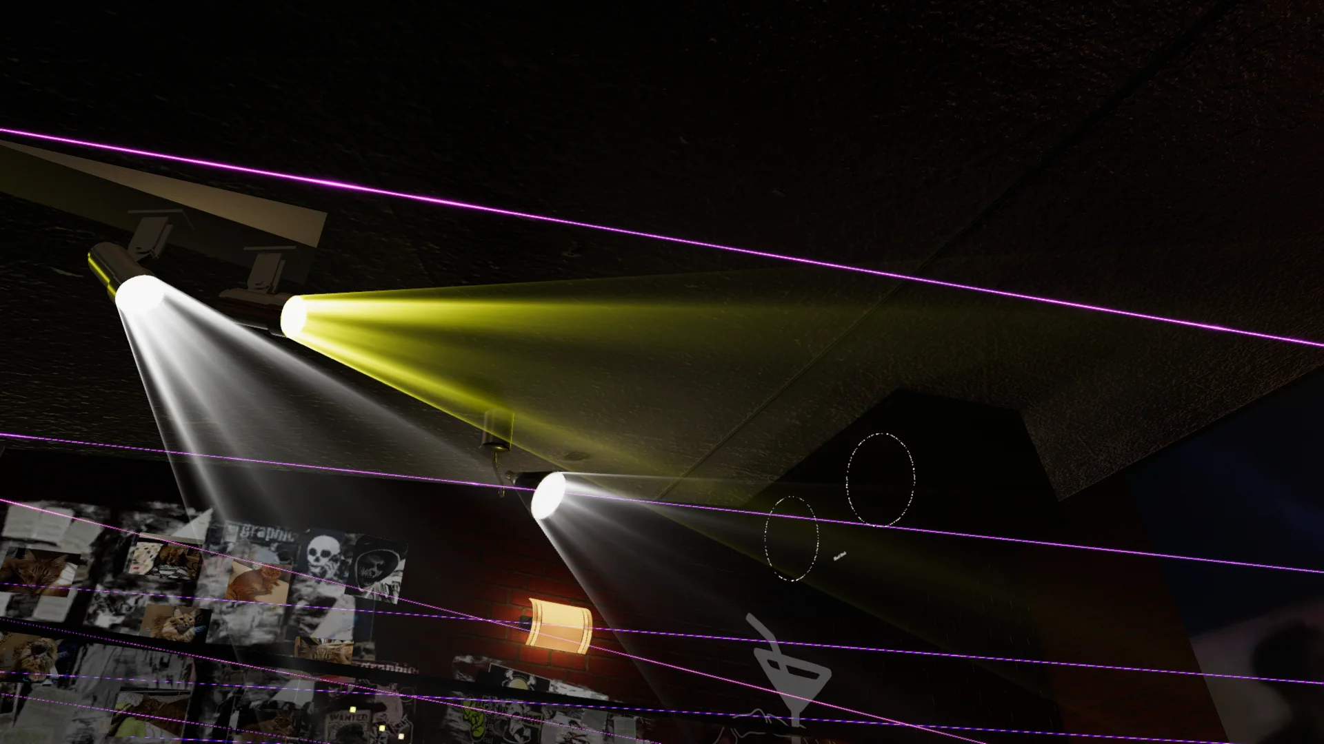 White and yellow spotlights crossing through a dark VRChat club