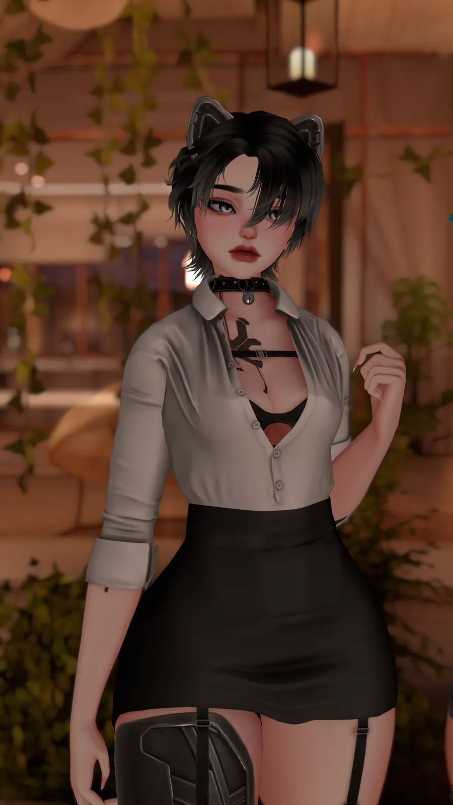 A VRChat avatar posing in warm evening light