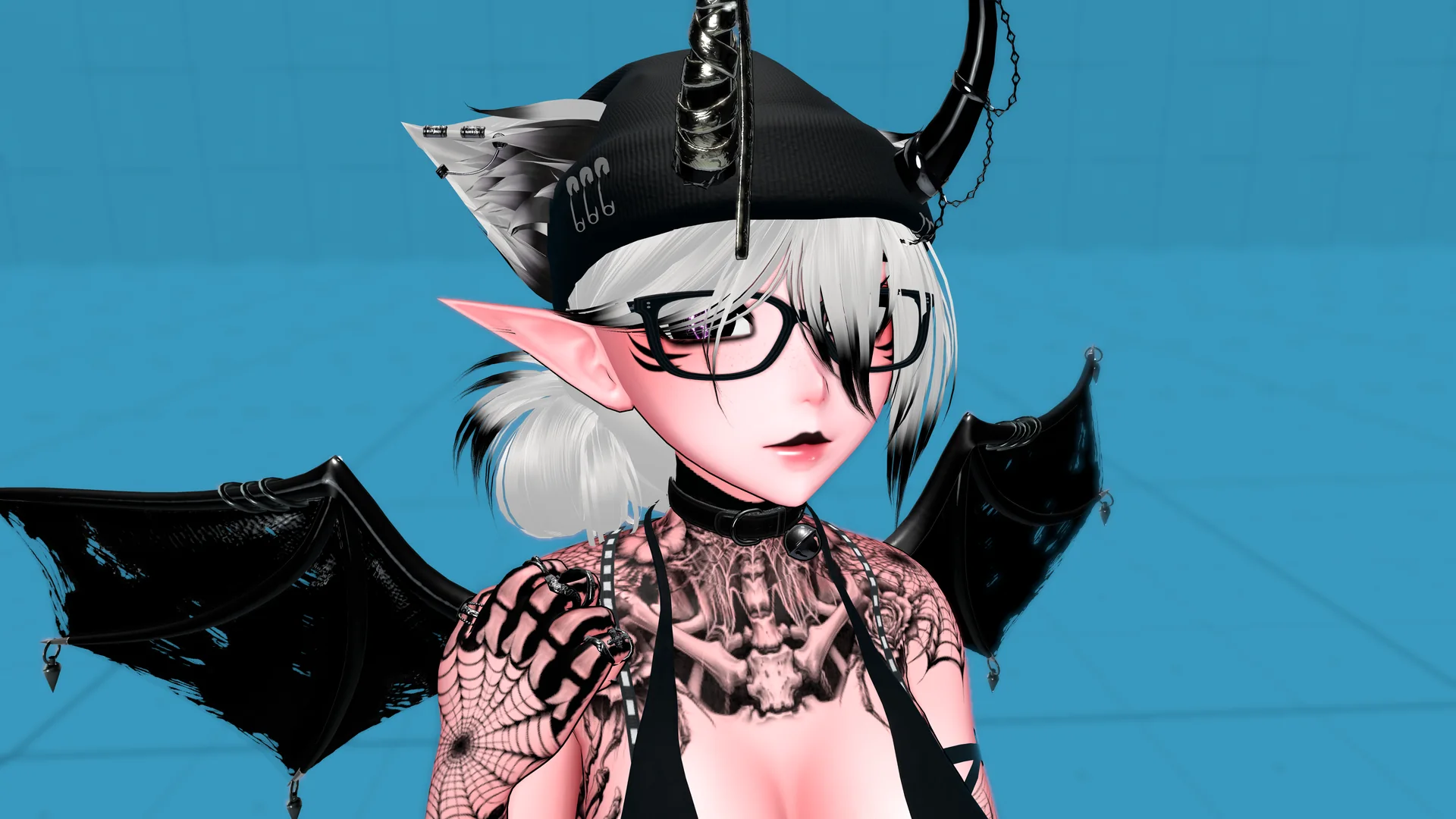 Jordan's horned VRChat avatar posing against a bright blue backdrop