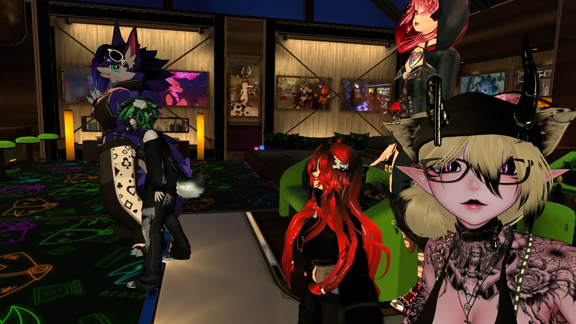 A colorful group of VRChat friends gathered in a neon lounge