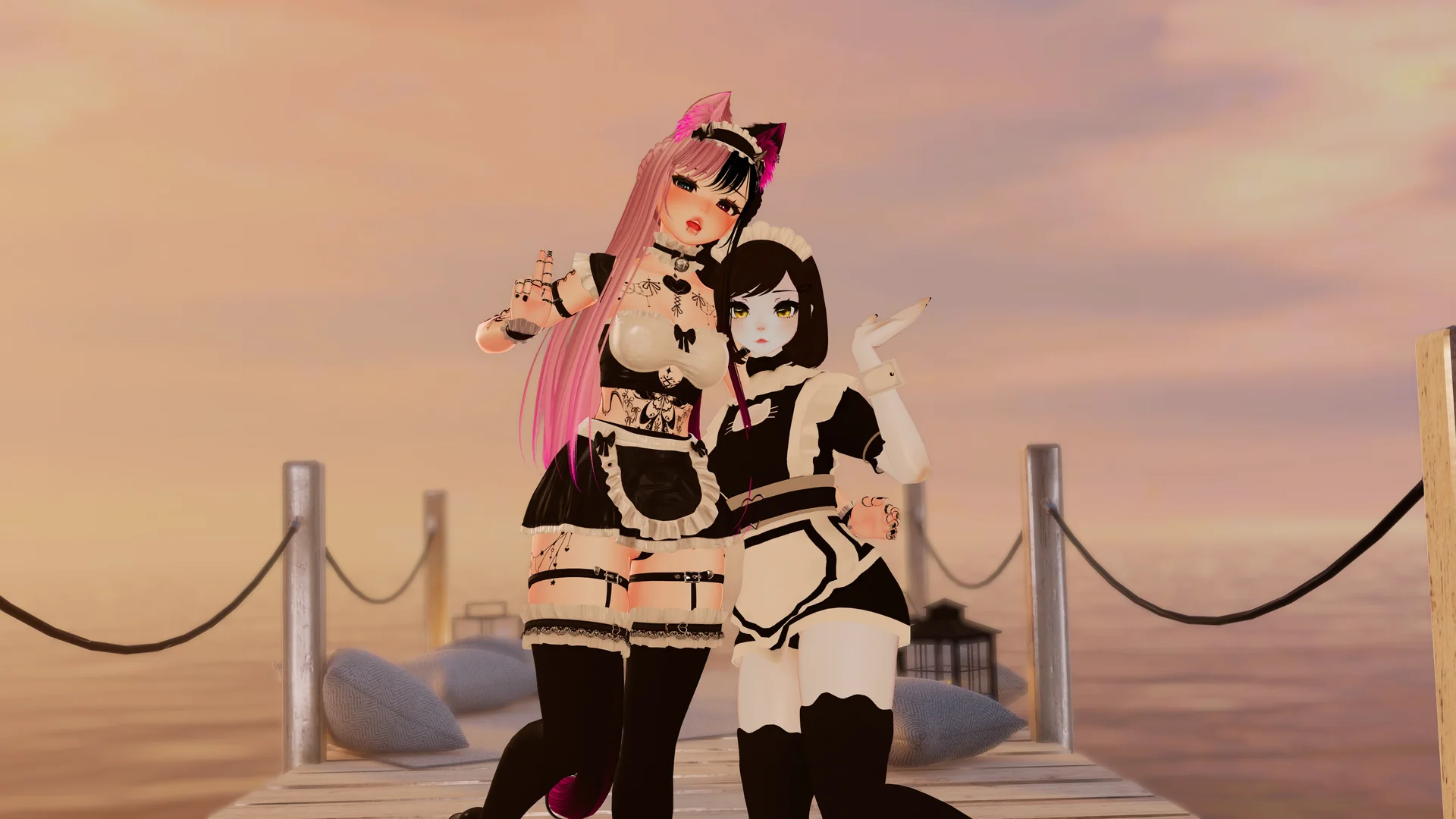 Two friends in matching maid outfits posing together at sunset in VRChat