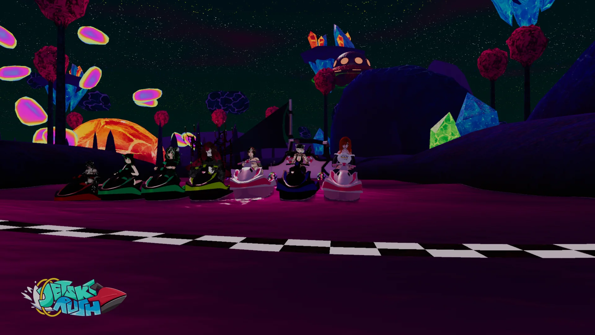 A colorful lineup of friends on jet skis at a VRChat race