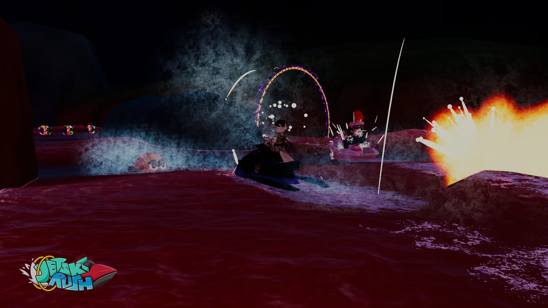 Friends racing jet skis through explosions and waves in VRChat