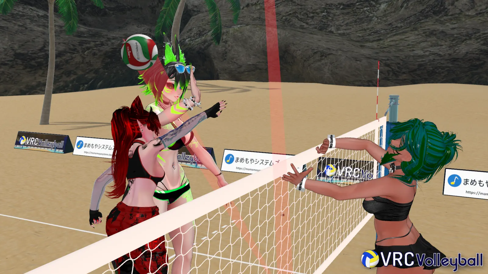 VRChat friends gathered around a volleyball net