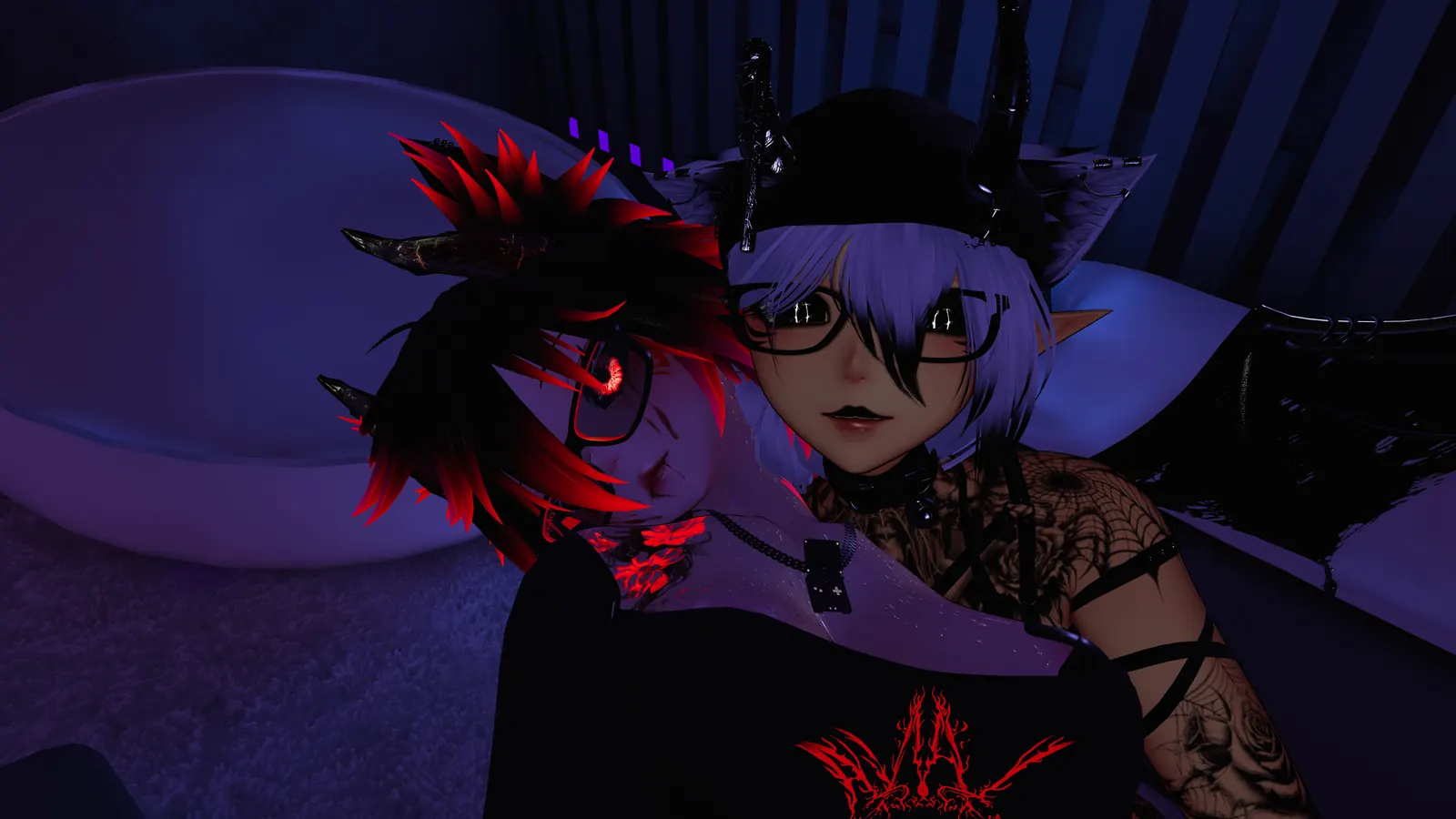 Two VRChat friends posing together in a dark world